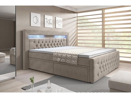 Boxspring postel MENZOGNA s úložným prostorem a LED