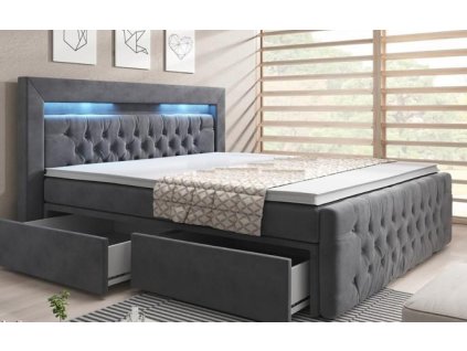 Boxspring postel SERA s úložným prostorem (4 šuplíky) a LED