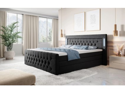 Boxspring postel QUEEN s úložným prostorem, LED a USB, samet - černá