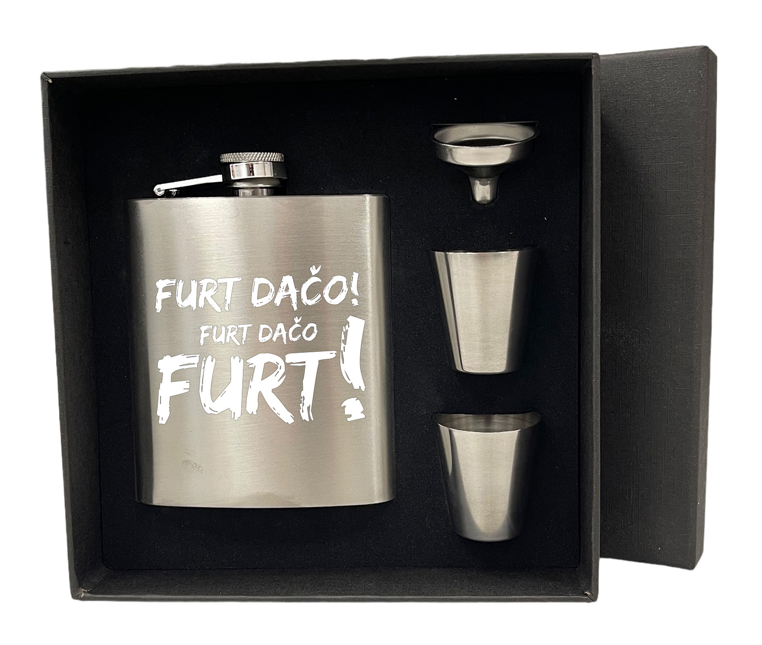 Ploskačka FURT DAČO! 230ml sada s pohárikmi