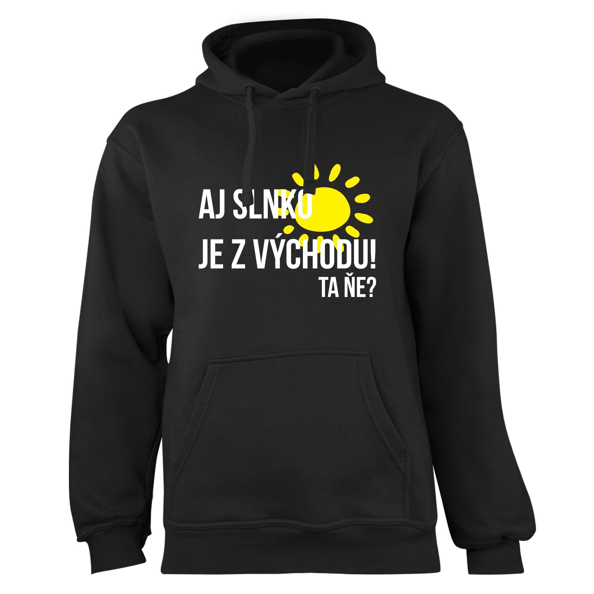 Mikina s potlačou "Aj slnko je z východu, ta ňe?" Farba: Čierna, Typ: Pánske, Veľkosť: 3XL