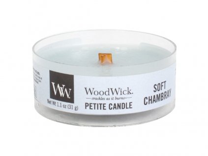 Svíčka WoodWick Soft Chambray Čisté Prádlo s Jasmínem a Růží 31g petite