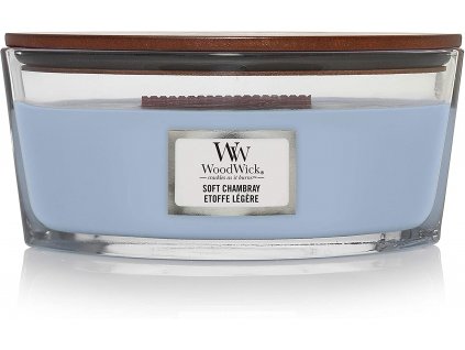 Svíčka WoodWick Soft Chambray Čisté prádlo s Jasmínem a Růží 453,6g lodička