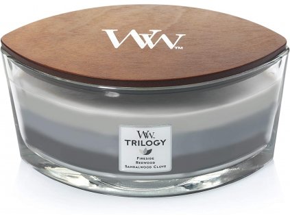 Svíčka WoodWick Trilogy Warm Woods Hřejivé dřevo 453,6g lodička