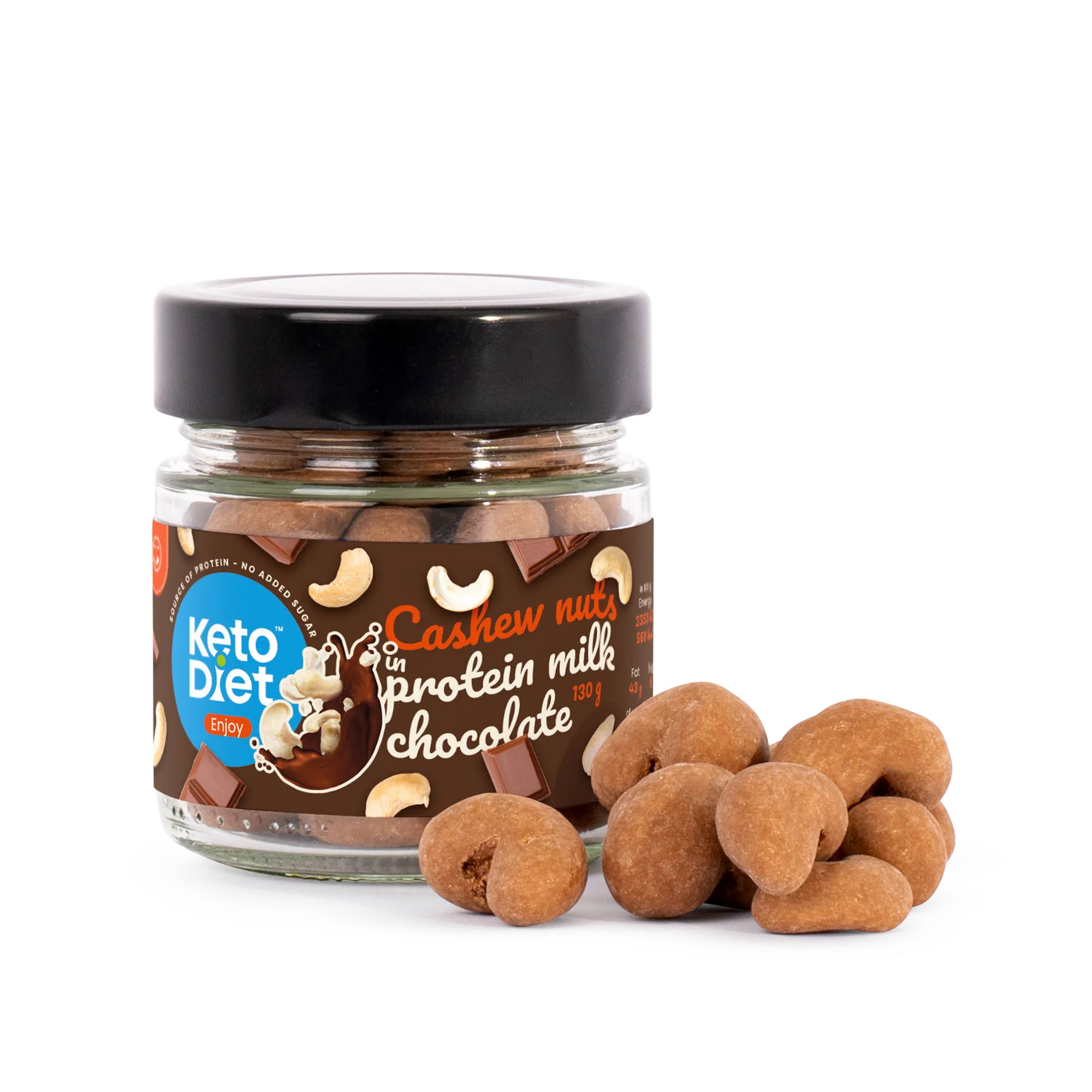 Fotografie KetoDiet KEŠU ořechy v proteinové MLÉČNÉ čokoládě (130 g)