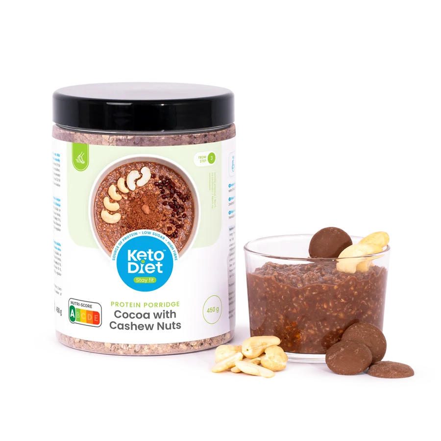 KetoDiet Proteinová kaše – KAKAOVÁ s kešu ořechy a březovým cukrem (450 g)