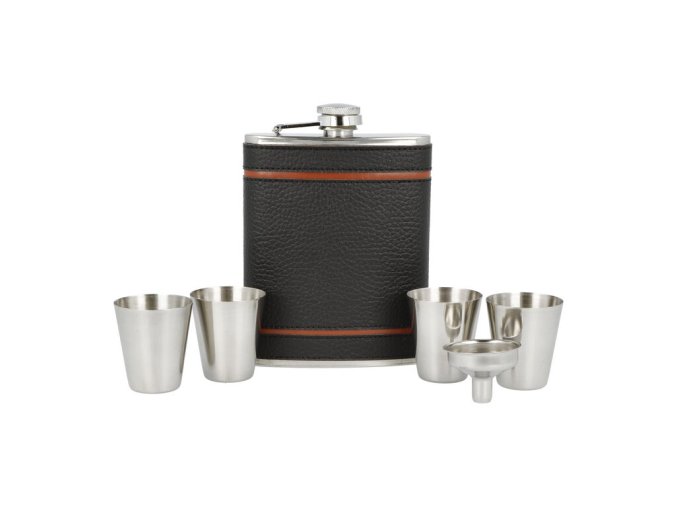 Placatka nerezová + pohárek sada, koženka, černá  Placatka nerezová + pohárek sada, koženka, černá