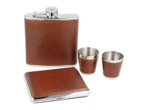 Placatka nerezová + pohárek + cigaretové pouzdro, koženka, 180ml  Placatka nerezová + pohárek + cigaretové pouzdro, koženka, 180ml