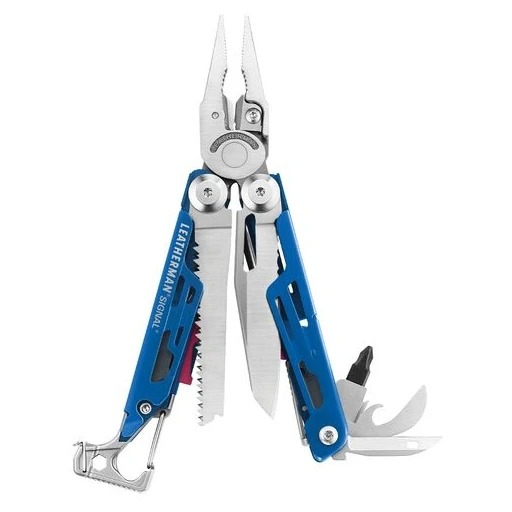 Multitool Leatherman Signal rozložený s kliešťami, pílkou a nožom