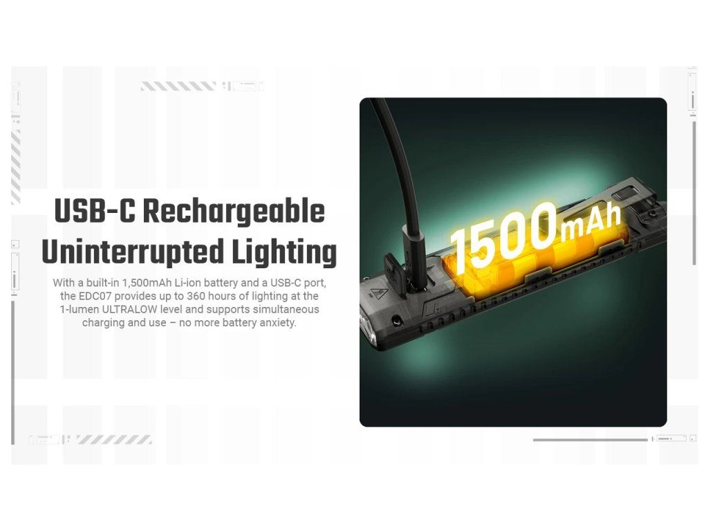 Nitecore EDC07 — nabíjanie vstavanej batérie 1500 mAh cez USB-C, svietenie funguje aj počas nabíjania