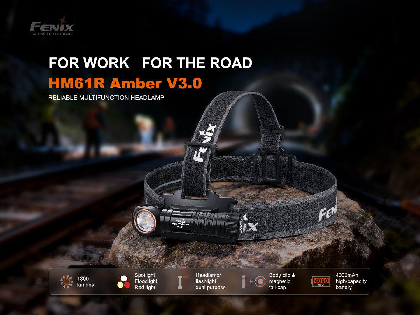 Fenix HM61R Amber V3.0 — outdoorová čelovka 1800 lúmenov s duálnym reflektorom, CRI 90 flood, 70 lm červené svetlo, senzor priblíženia, SK/CZ edícia