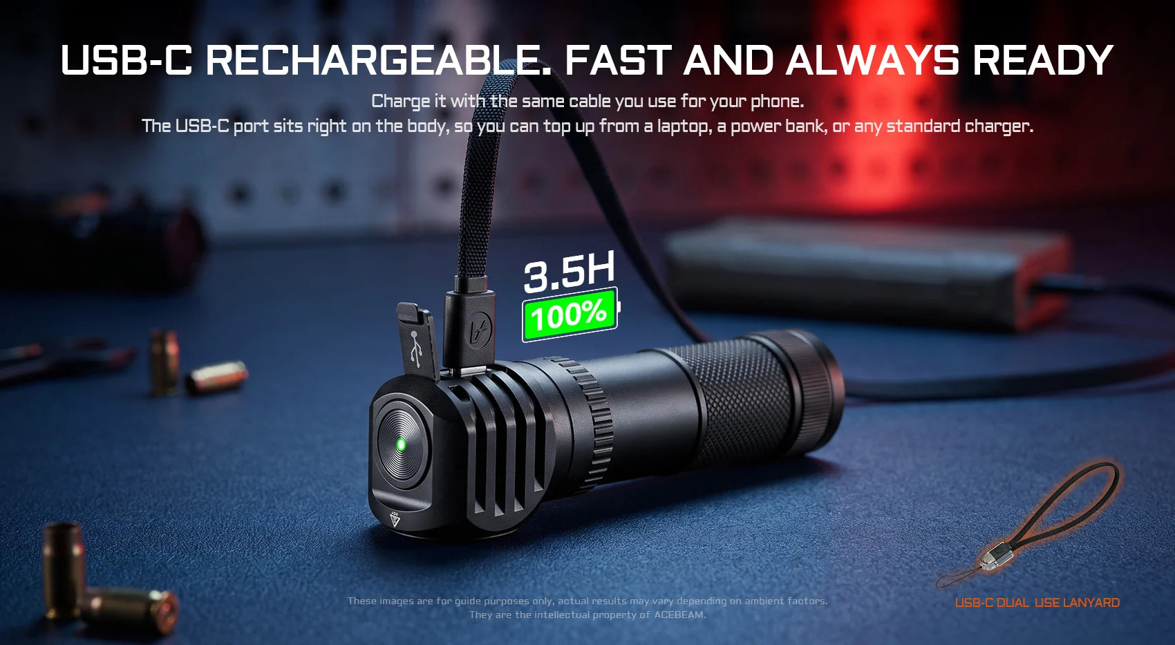 Nabíjanie AceBeam H18 cez USB-C priamo v tele, 3,5 hodiny na 100 %