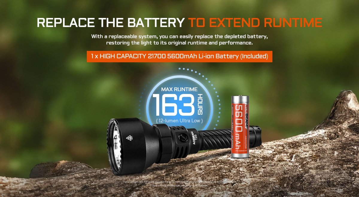 AceBeam T29 – vymeniteľný akumulátor 21700 5600 mAh, výdrž až 163 hodín