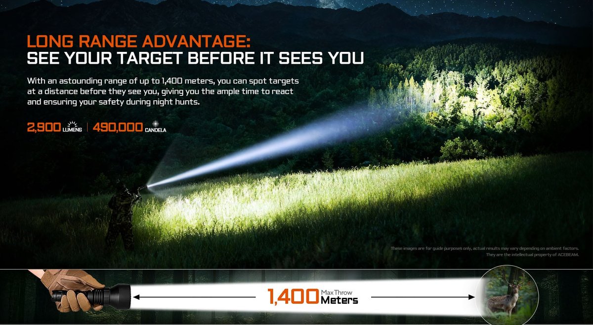 AceBeam T29 – dosvit 1400 m a 490 000 cd, lúč osvetľuje cieľ na okraji lesa pri nočnom love