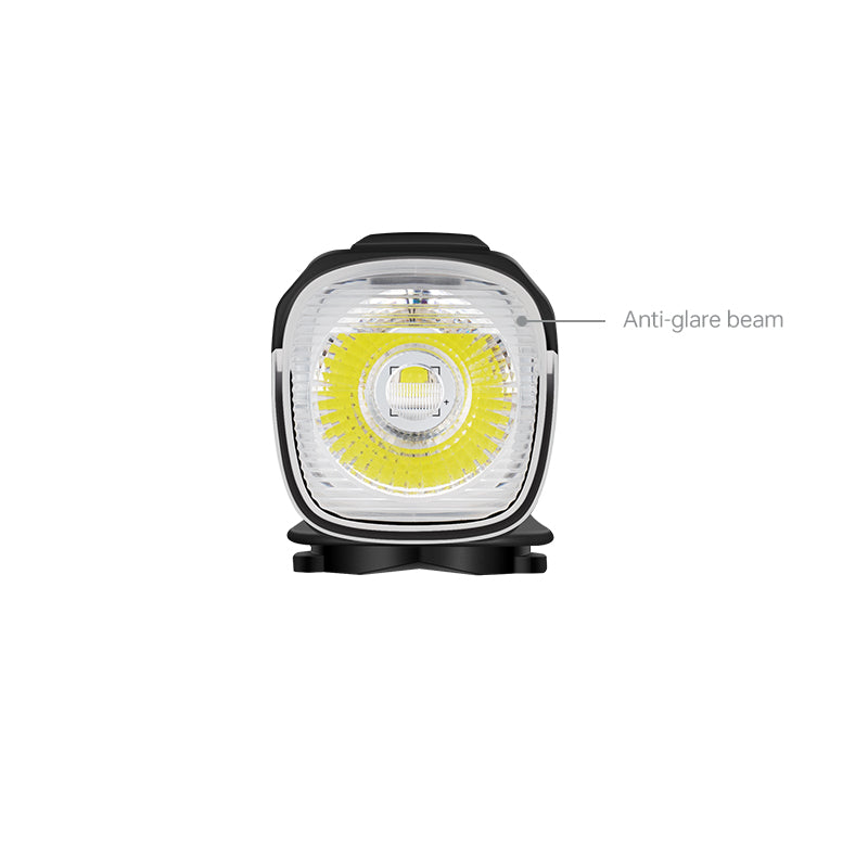 Čelný pohľad na anti-glare šošovku predného svetla Magicshine ALLTY 1200 so svietiacou LED