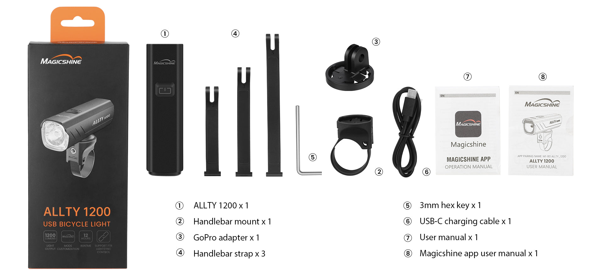 Obsah balenia Magicshine ALLTY 1200 s objímkou na riadidlá, GoPro adaptérom a tromi gumenými páskami