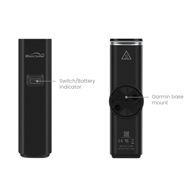 Schéma tela svetla Magicshine ALLTY 1200 s tlačidlom, indikátorom batérie a Garmin základňou na spodku