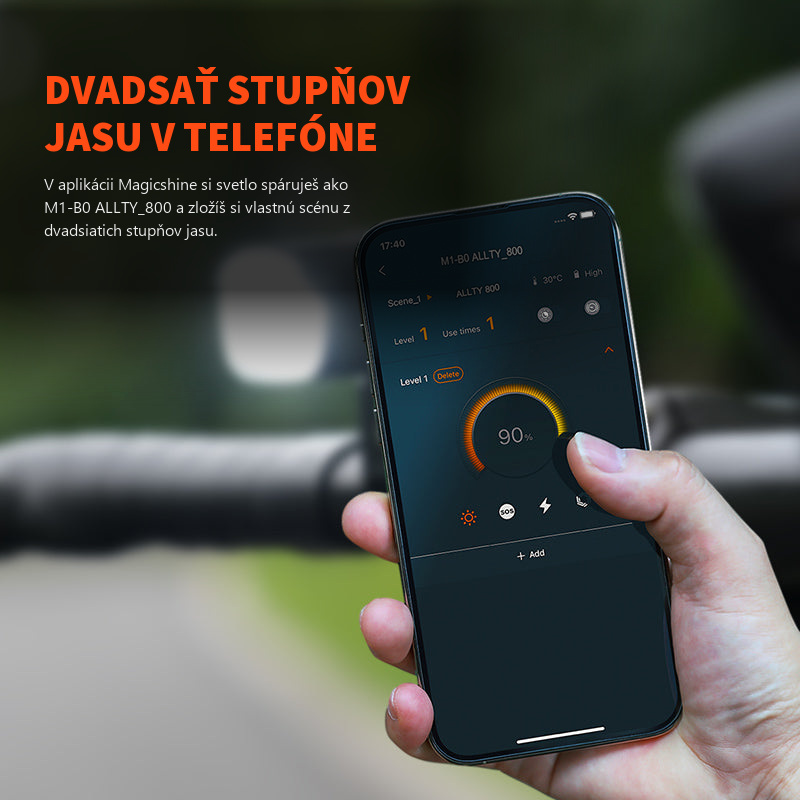 Aplikácia Magicshine s pripojeným svetlom ALLTY 800 V2.0 a nastavením jasu