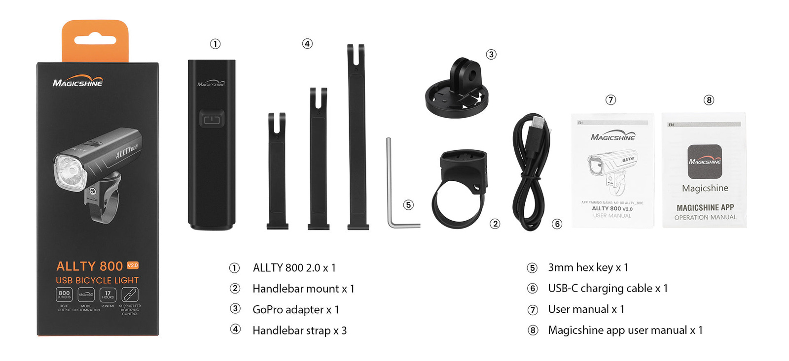 Obsah balenia Magicshine ALLTY 800 V2.0 s držiakom, GoPro adaptérom a príslušenstvom