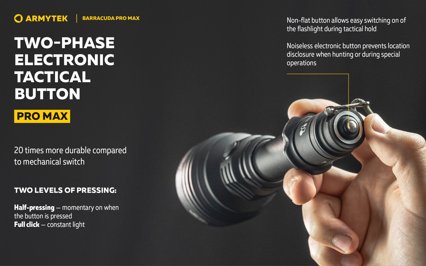 Ruka drží Armytek Barracuda Pro Max zozadu, prsty na vypuklom elektronickom taktickom tlačidle v koncovke, infografika o polstlačení a plnom kliknutí