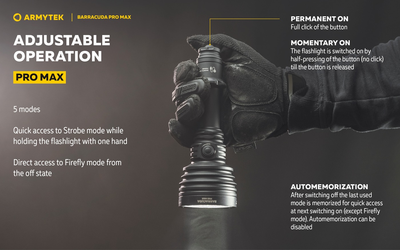 Armytek Barracuda Pro Max hlavou nadol v rukavici, infografika s piatimi režimami, trvalým a momentálnym zapnutím a pamäťou režimu