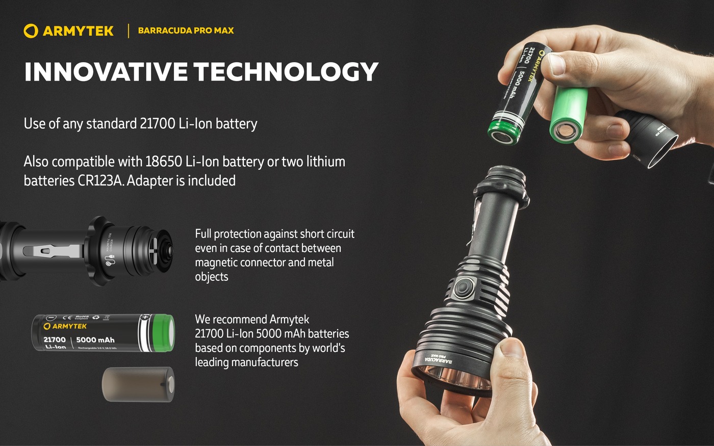 Ruky vkladajú článok 21700 do baterky Armytek Barracuda Pro Max, vedľa adaptér, magnetická koncovka a článok Armytek 21700 5000 mAh