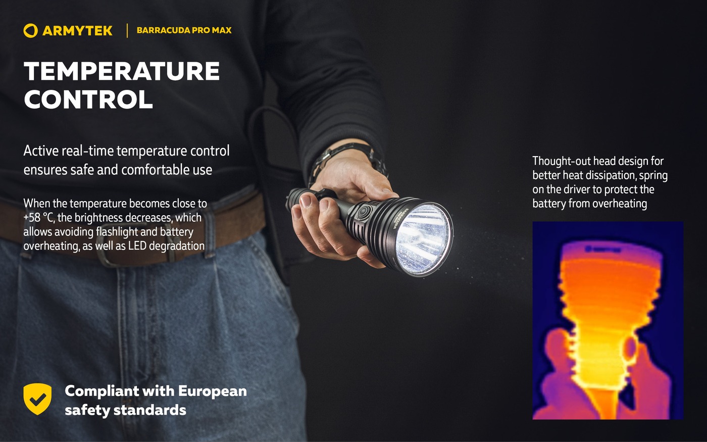 Muž drží svietiacu Armytek Barracuda Pro Max pri páse, vedľa termovízny snímok hlavy baterky a prah tepelnej regulácie +58 °C