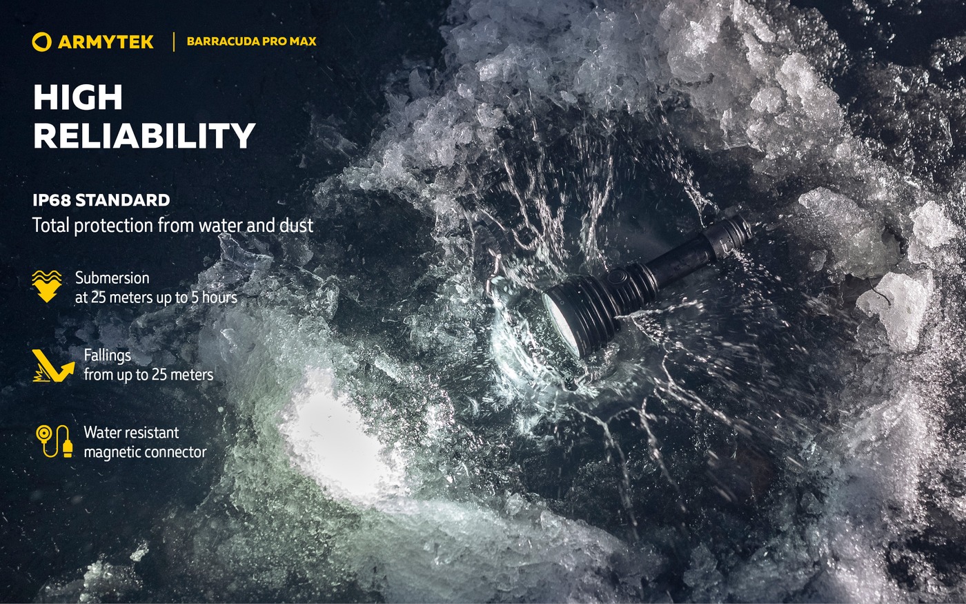 Armytek Barracuda Pro Max dopadá do ľadovej vody, infografika IP68, ponor 25 m na 5 hodín a pád z 25 m