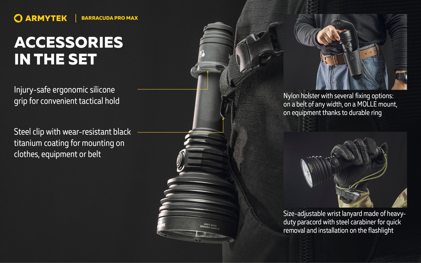 Armytek Barracuda Pro Max zavesená klipom na popruhu batohu so silikónovým gripom, vedľa holster na opasku a pútko na zápästí
