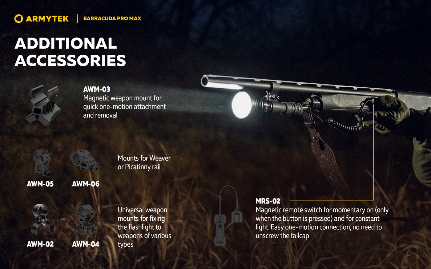 Armytek Barracuda Pro Max na brokovnici s diaľkovým spínačom, prehľad zbraňových držiakov AWM-02 až AWM-06 a spínača MRS-02