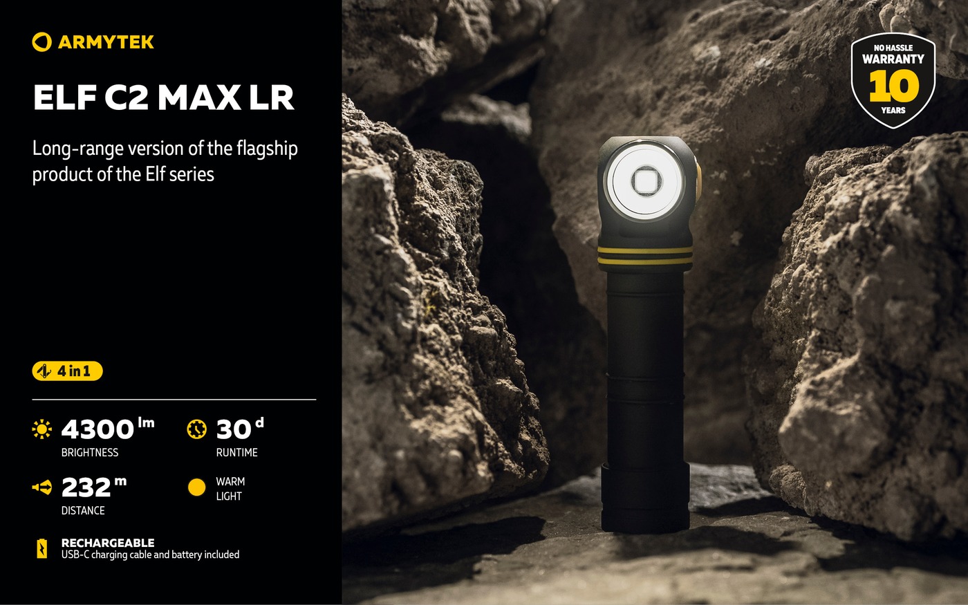 Armytek Elf C2 Max LR stojí v skalnej štrbine, vedľa čísla 4300 lm, 232 m, 30 dní, štítok WARM LIGHT a štít záruky 10 rokov