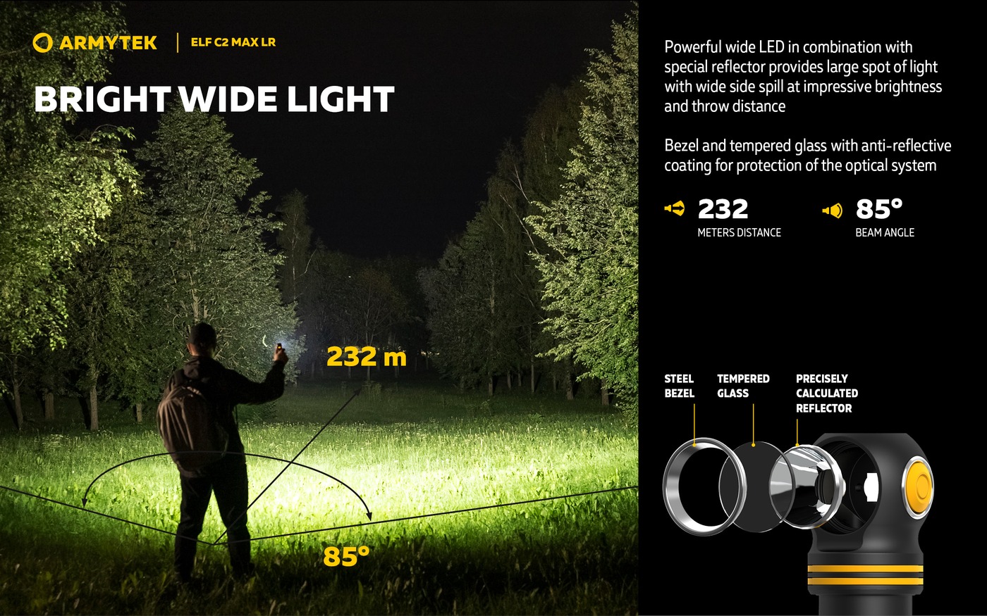 Muž svieti čelovkou Armytek Elf C2 Max LR do nočnej aleje, nákres dosvitu 232 m a uhla 85 stupňov, rozložená optika s oceľovým bezelom