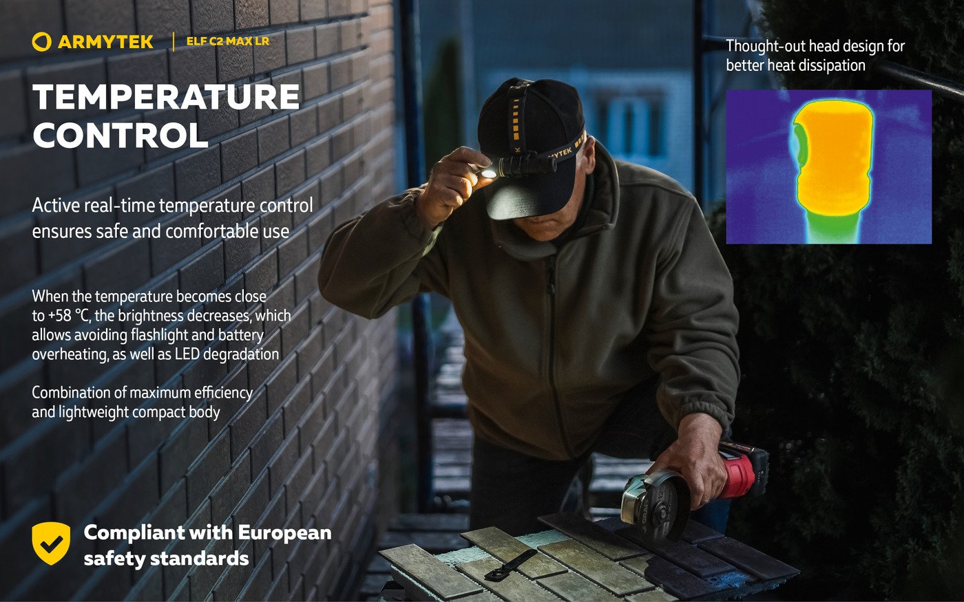 Muž s čelovkou Armytek Elf C2 Max LR reže uhlovou brúskou dlaždice, vedľa termovízny snímok hlavy a prah regulácie +58 °C