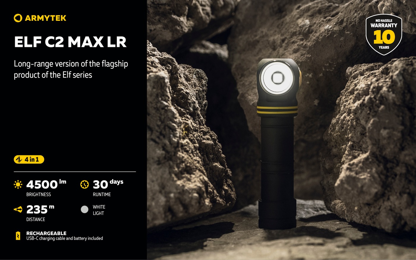Armytek Elf C2 Max LR stojí v skalnej štrbine, vedľa čísla 4500 lm, 235 m, 30 dní, štítok WHITE LIGHT a štít záruky 10 rokov