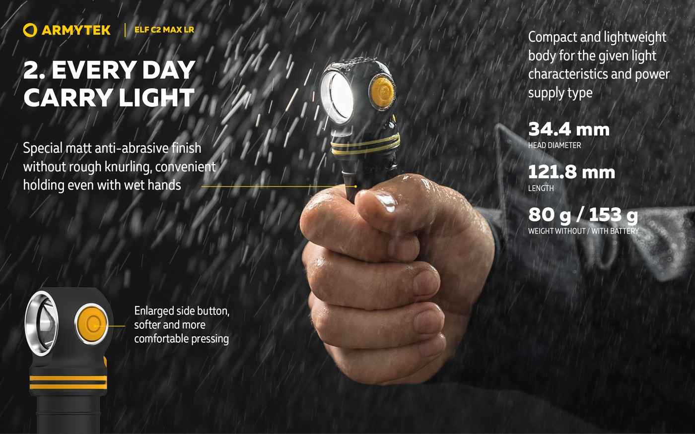 Mokrá ruka drží rozsvietenú čelovku Armytek Elf C2 Max LR v daždi, rozmery 34,4 mm a 121,8 mm, hmotnosť 80 g a 153 g