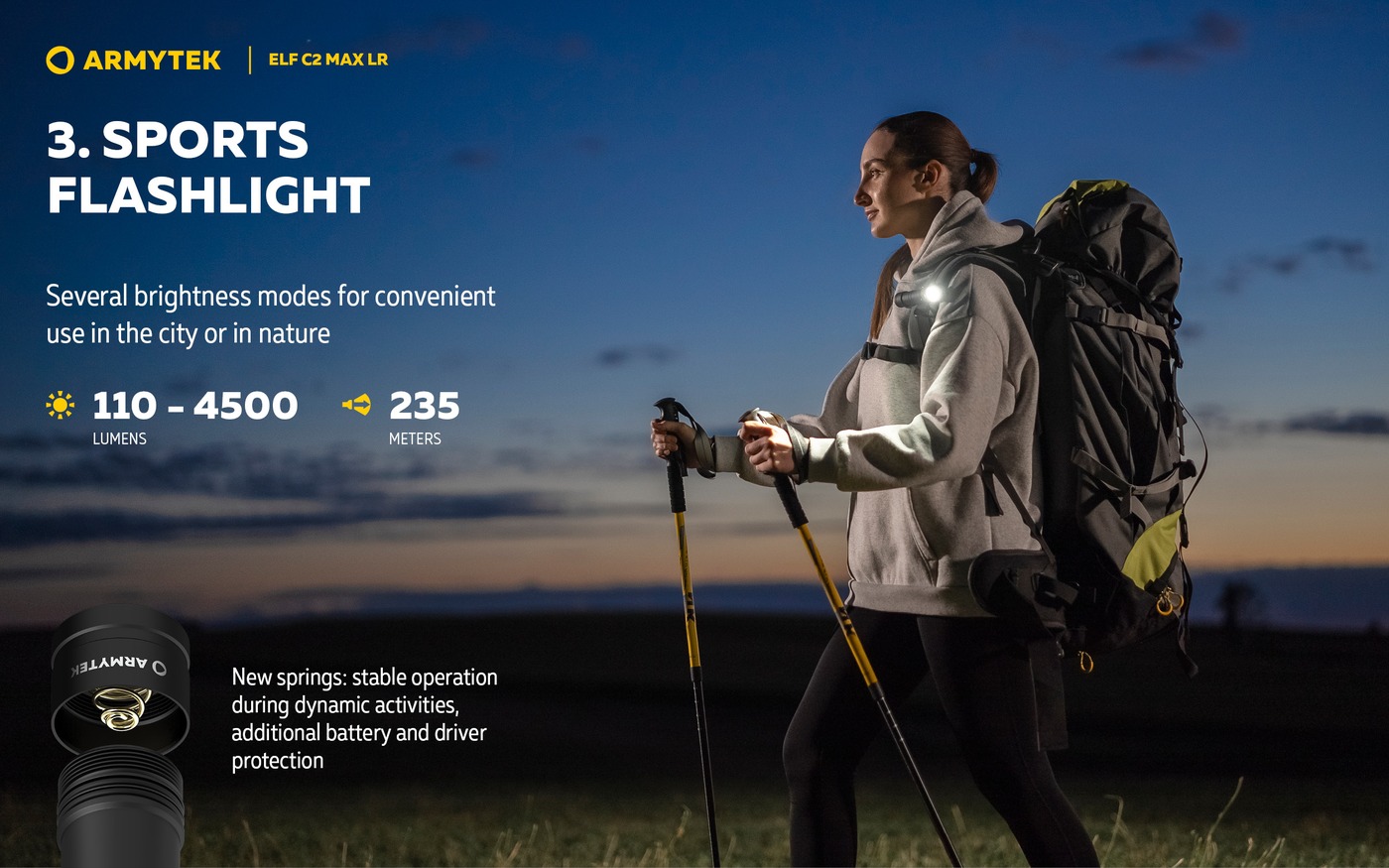 Turistka s batohom a trekingovými palicami má čelovku Armytek Elf C2 Max LR na ramennom popruhu, vedľa render nových pružín v koncovke