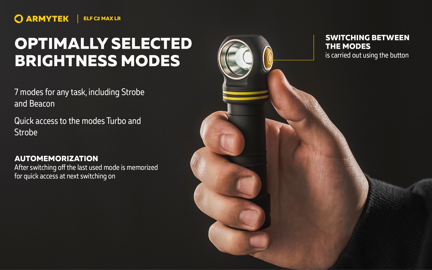 Ruka drží čelovku Armytek Elf C2 Max LR, palec pod bočným tlačidlom, infografika o siedmich režimoch a pamäti posledného režimu