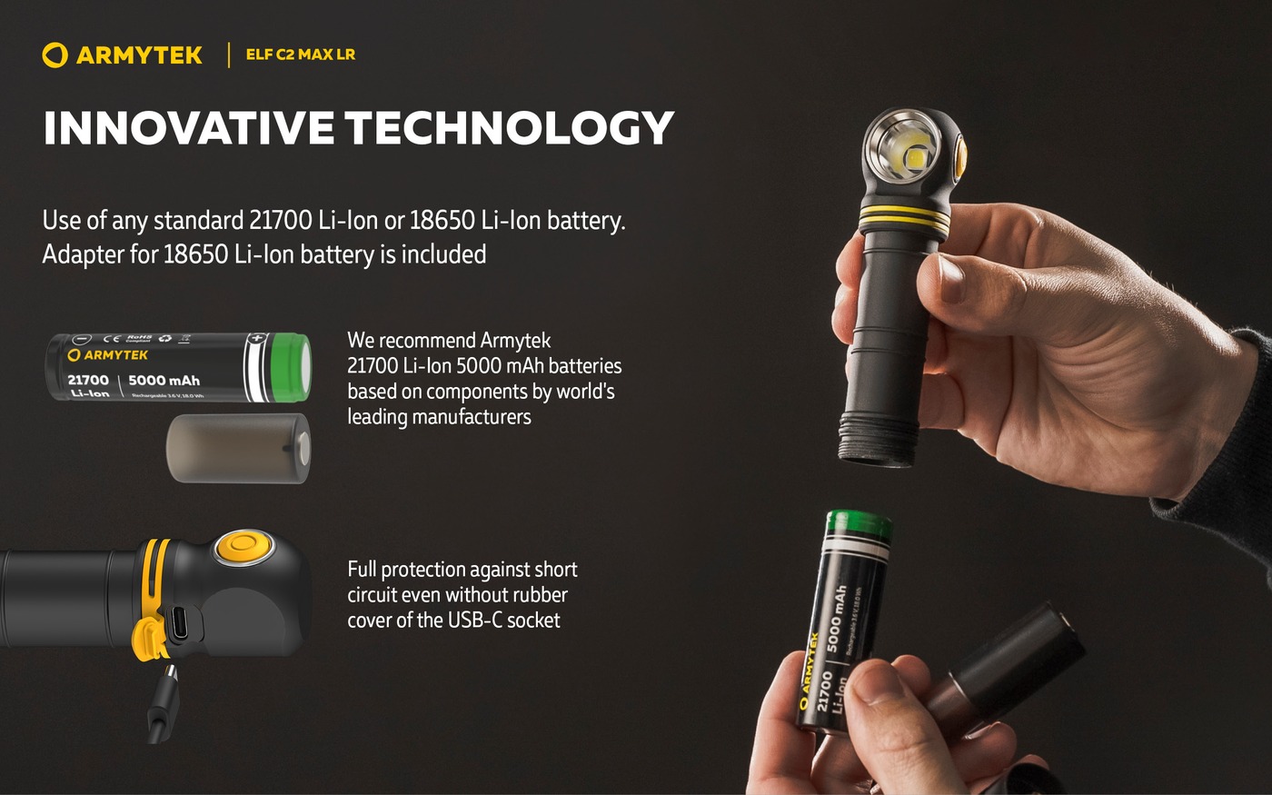 Ruky vkladajú článok 21700 do čelovky Armytek Elf C2 Max LR, vedľa adaptér na 18650 a zásuvka USB-C s odklopeným krytom