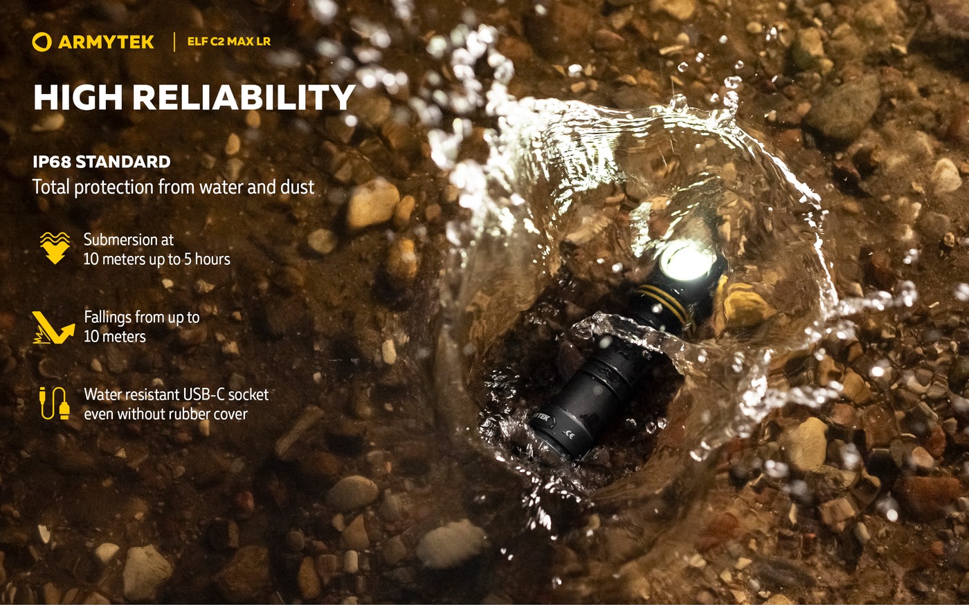 Rozsvietená čelovka Armytek Elf C2 Max LR dopadá do plytkej vody, infografika IP68, ponor 10 m na 5 hodín a pád z 10 m