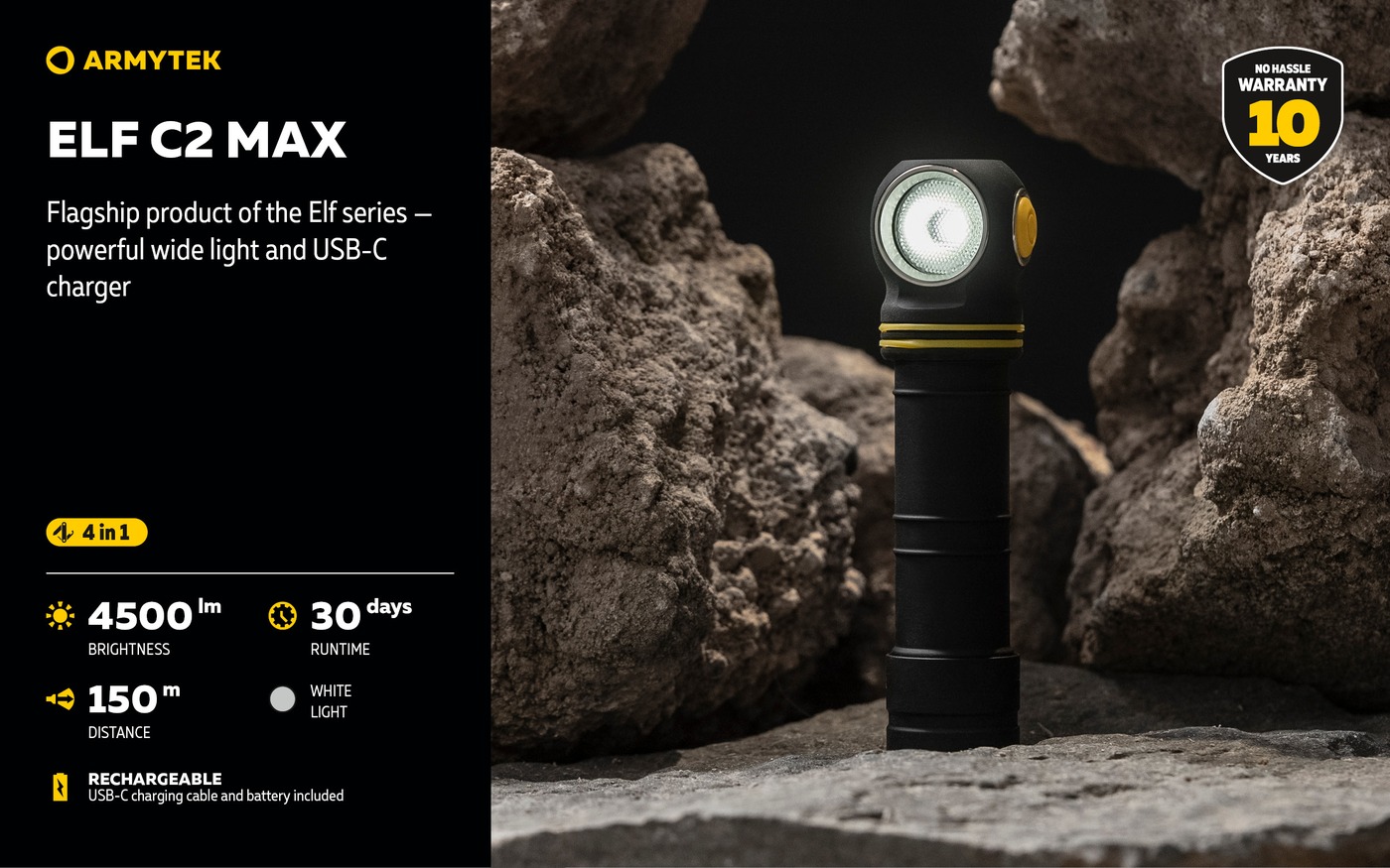 Armytek Elf C2 Max medzi skalami, vedľa čísla 4500 lm, 150 m, 30 dní, štítok WHITE LIGHT a štít záruky 10 rokov