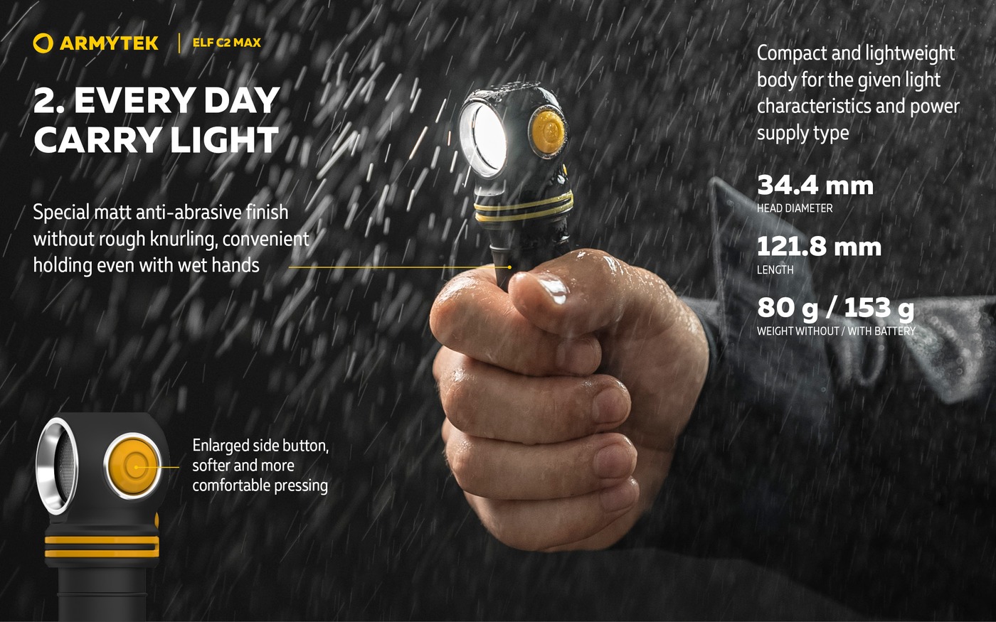 Mokrá ruka drží rozsvietenú čelovku Armytek Elf C2 Max v daždi, rozmery 34,4 a 121,8 mm, hmotnosť 80 a 153 g