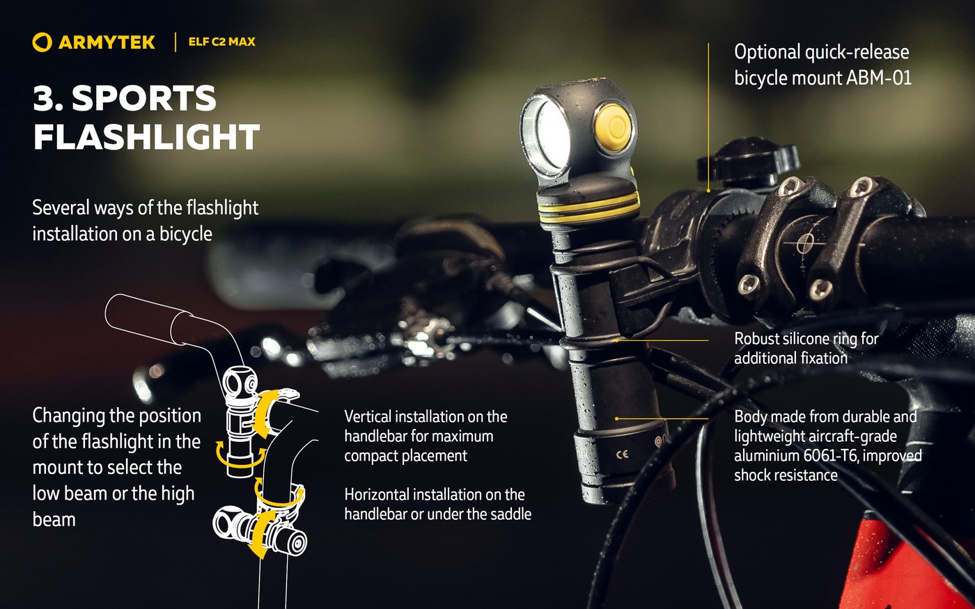 Čelovka Armytek Elf C2 Max v cyklodržiaku ABM-01 na riadidlách, nákres zvislej a vodorovnej montáže
