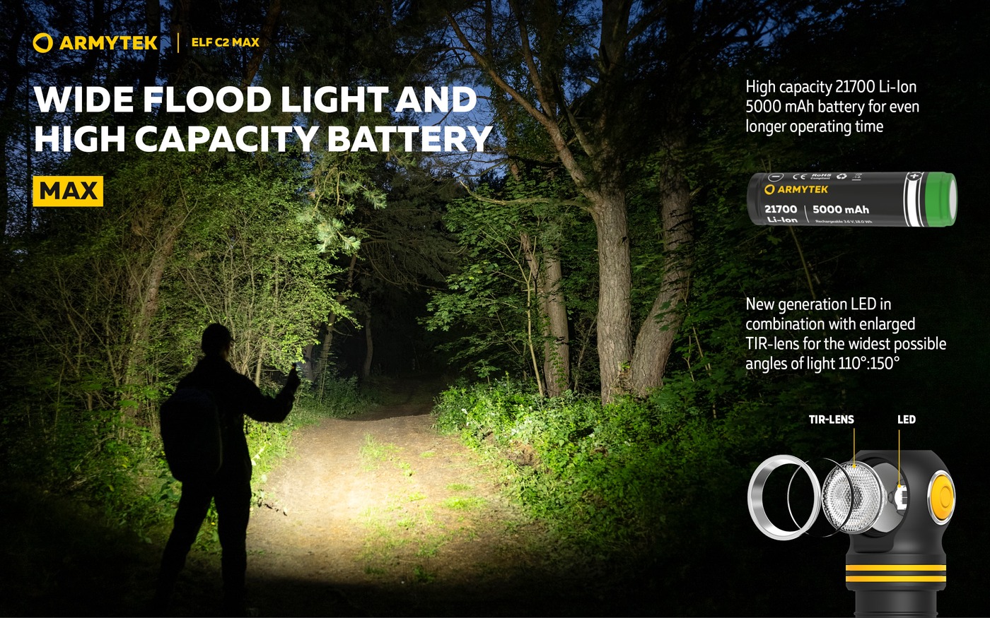 Armytek Elf C2 Max svieti na lesnú cestu, vedľa render TIR šošovky v rozloženej hlave a článku 21700 5000 mAh