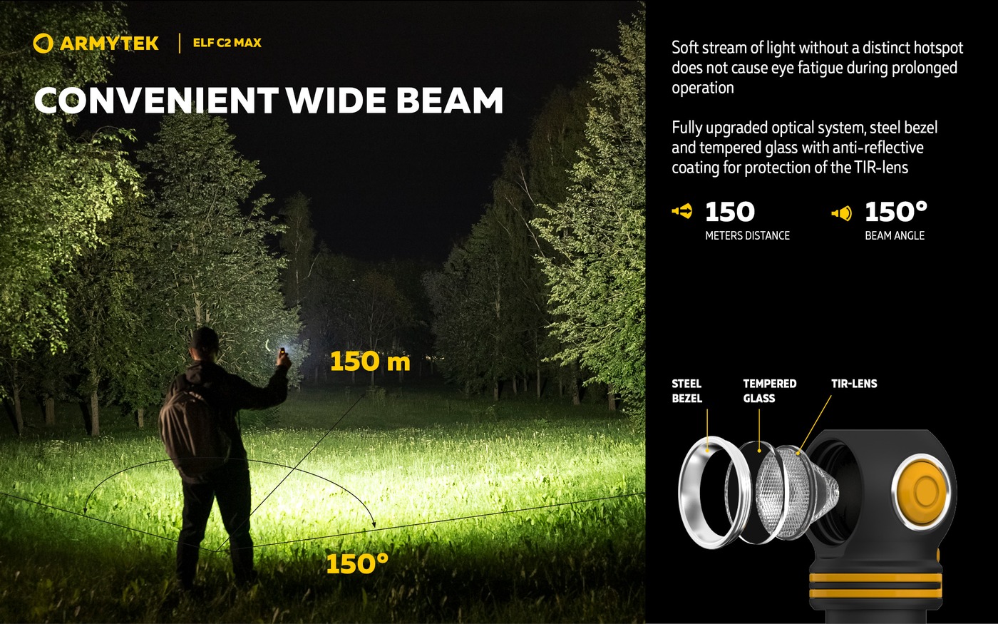 Muž svieti čelovkou Armytek Elf C2 Max do nočného parku, nákres dosvitu 150 m a uhla lúča 150 stupňov