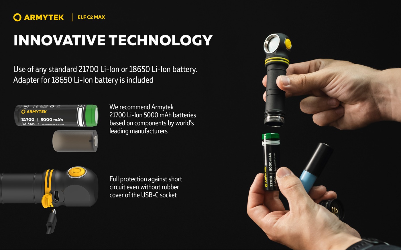 Ruky držia článok 21700 pri čelovke Armytek Elf C2 Max, vedľa adaptér na 18650 a zásuvka USB-C s krytom