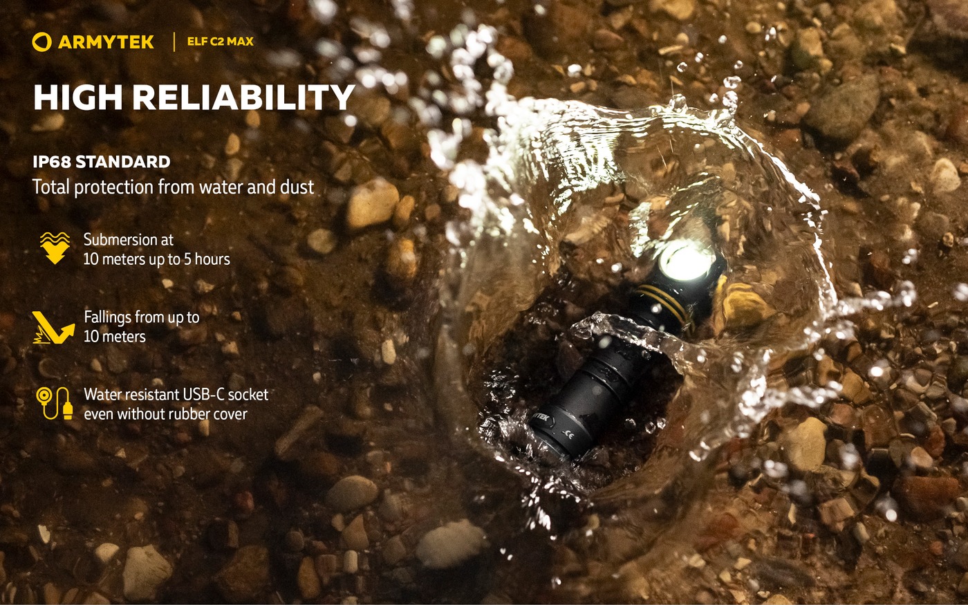 Rozsvietená čelovka Armytek Elf C2 Max dopadá do plytkej vody, infografika IP68, ponor 10 m a pád z 10 m