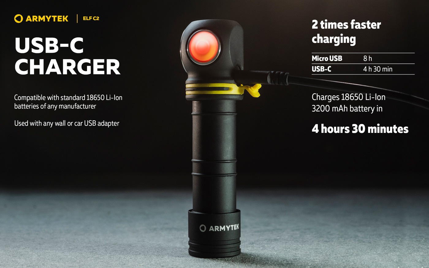 Infografika Armytek Elf C2: nabíjanie cez USB-C za 4 h 30 min, porovnanie s Micro USB 8 h, tlačidlo svieti červeno
