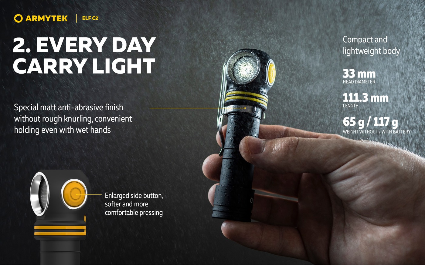 Infografika Armytek Elf C2: mokrá ruka drží rozsvietenú baterku v spŕške vody, rozmery 33 mm a 111,3 mm