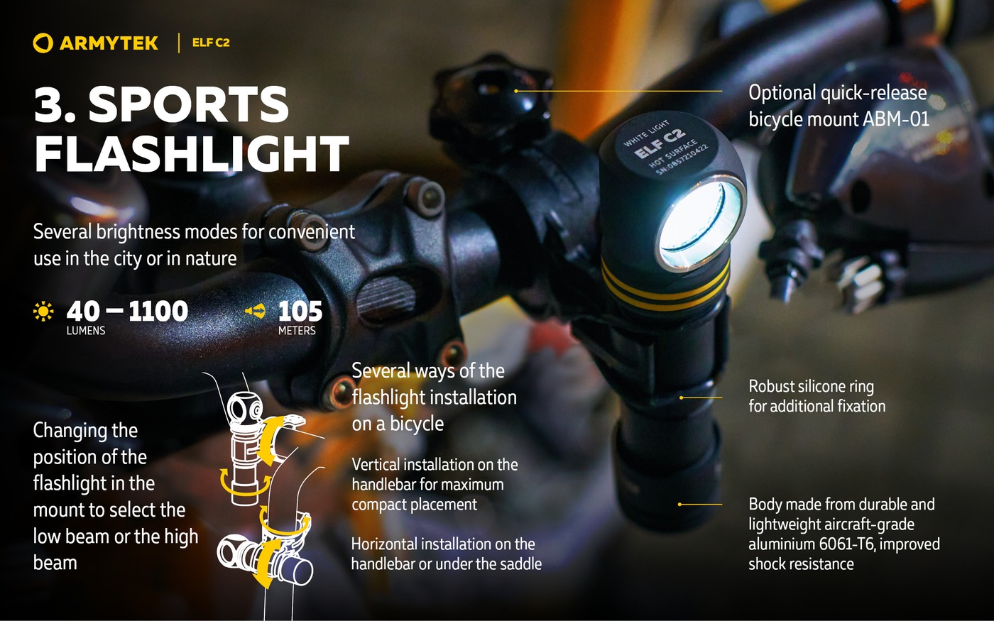 Infografika Armytek Elf C2 na bicykli: baterka v držiaku na riadidlách, gravír WHITE LIGHT, dosvit 105 m a polohy držiaka