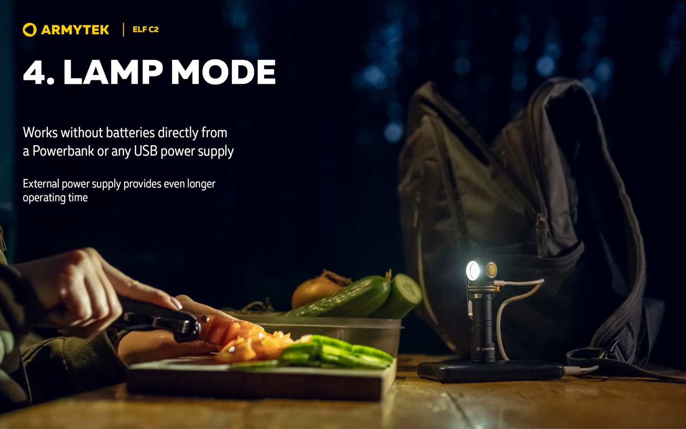Infografika Armytek Elf C2 v režime lampy: baterka stojí na powerbanke a svieti na stôl pri krájaní zeleniny v noci